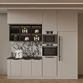 Modern Sideboard With Marble Countertop Storage Shelves And Built In Microwave Oven