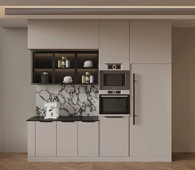 Modern Sideboard With Marble Countertop Storage Shelves And Built In Microwave Oven 3d model