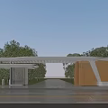 Sleek Modern Community Entrance Gate Design With Wooden Facade And Lush Surrounding Green Trees