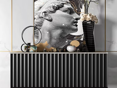 Modern Black Ribbed Entryway Sideboard With Decorative Vase Tea Set And Artwork 3d model