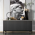 Modern Black Ribbed Entryway Sideboard With Decorative Vase Tea Set And Artwork 3d model