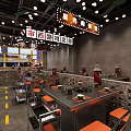 Retro Hotpot Restaurant Interior With Beverage Shelves And Neon Lights
