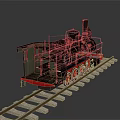 Steam Train with Black Body and Red Wheels on Railway Track with Wooden Sleepers