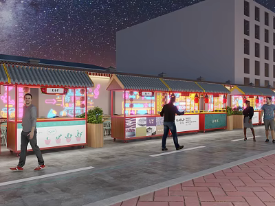 Vibrant Commercial Street with Traditional Stalls Neon Signs and Pedestrians Under Starry Night Sky 3d model