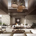 Luxurious Hotel Lobby Interior Featuring Wooden Structures Hanging Lamps And Comfortable Sofas 3d model