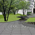 Modern Pergola Outdoor Landscape Design With Wooden Deck Water Feature And Seating Trees
