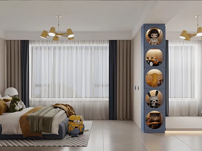 Cozy Kids Room Interior Design With Blue Storage Cabinet Bed Bedding Chandelier And Yellow Toys 3d model
