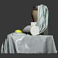 Still Life Interior With Gray Cloth Clay Pot White Cube Lemon And White Paper Roll