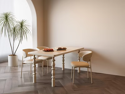 Minimalist Dining Table Set With Four Chairs Fresh Fruit And Potted Plant On Herringbone Floor 3d model