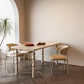 Minimalist Dining Table Set With Four Chairs Fresh Fruit And Potted Plant On Herringbone Floor