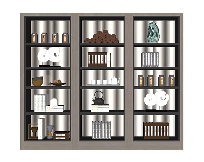 Traditional Chinese Antique Display Shelf with Tea Sets Books Decorative Plates and Stone Ornaments 3d model