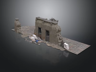 Ancient Stone Gate Scene With Statues And Broken Pavement Structures 3d model