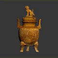 Traditional Yellow Ceramic Household Decor With Lion Lid Two Handles Three Legs