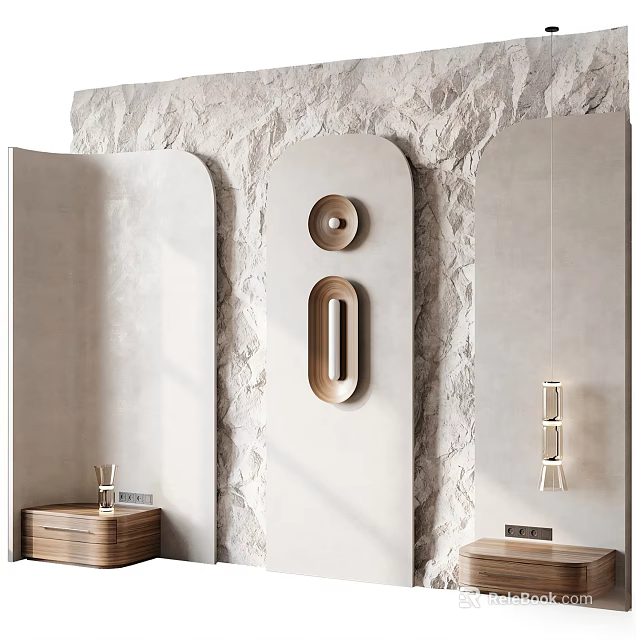 Modern Minimalist Bed Accent Wall With Textured Stone Decor 3d model 