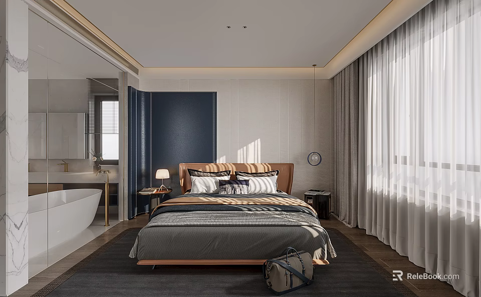 Modern Bedroom Interior Design With King Size Bed Nightstand Blue Wall And Window Curtains 3d model 