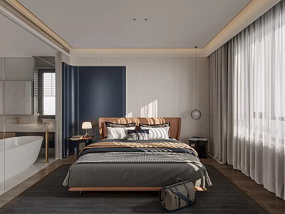 Modern Bedroom Interior Design With King Size Bed Nightstand Blue Wall And Window Curtains 3d model