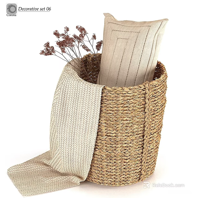 Wicker Basket With Soft Fabric And Dried Flowers For Home Living 3d model 