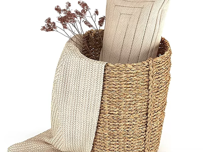 Wicker Basket With Soft Fabric And Dried Flowers For Home Living 3d model
