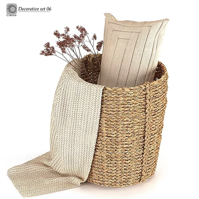 Wicker Basket With Soft Fabric And Dried Flowers For Home Living 3d model