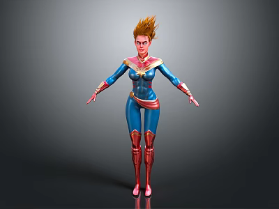 Female Superhero In Blue Bodysuit With Red Boots Gloves Chest Emblem And Red Hair 3d model