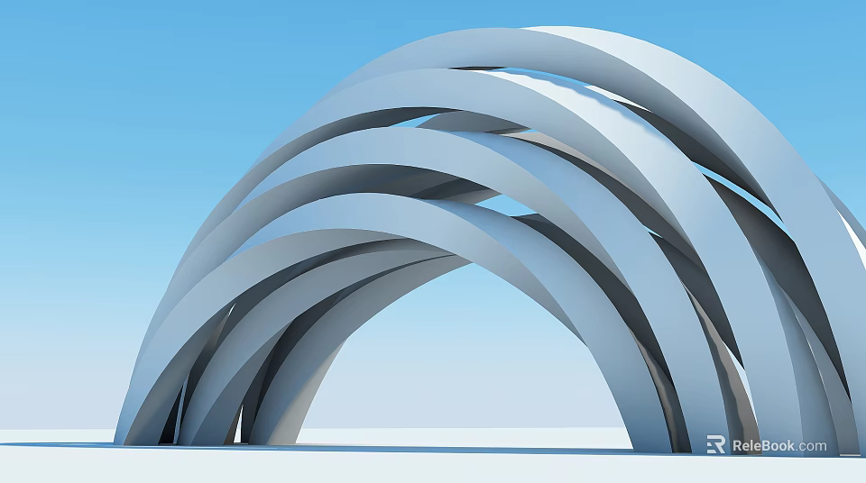 Modern Architectural Entrance Gate With Curved White Arches Against Blue Sky 3d model 