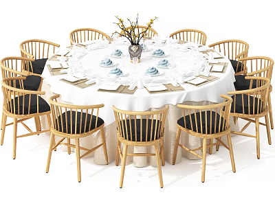 Round Dining Table Set With Wooden Chairs Black Seats White Tablecloth And Flower Arrangement 3d model