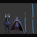 Fantasy Game Character Armored Warrior With Magical Horse And Blue Swords