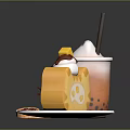 Cute Cat Themed Milk Tea With Boba And Cat Face Cake With Cream And Cookies