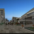Modern Commercial Street With Stylish Buildings Stone-Paved Walkway Green Plants And Pedestrians