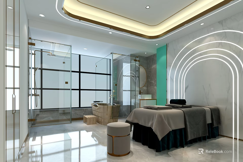 Modern SPA Sauna Interior With Massage Bed Glass Partition And Marble Accents 3d model 