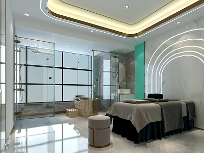 Modern SPA Sauna Interior With Massage Bed Glass Partition And Marble Accents 3d model