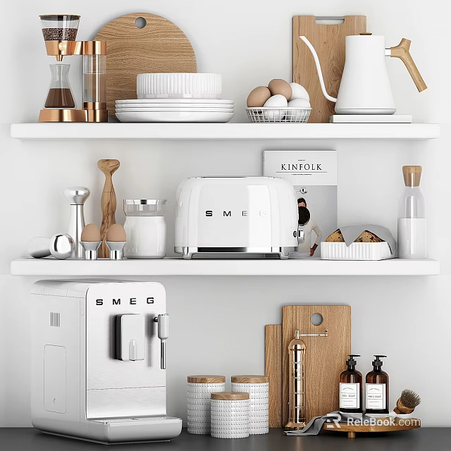 Modern Kitchen Decorative Accessory Set With Toaster Coffee Machine Jars And Plates On Shelf 3d model