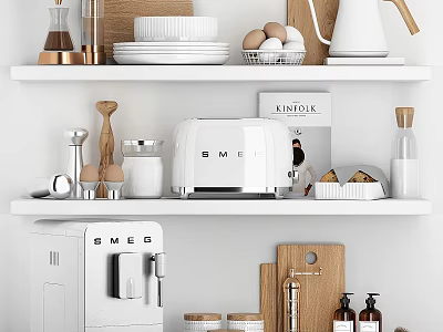 Modern Kitchen Decorative Accessory Set With Toaster Coffee Machine Jars And Plates On Shelf 3d model