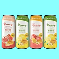 Honey Canned Beverages With Grapefruit Lemon Passion Fruit Flavors Various Colors On Light Blue Background
