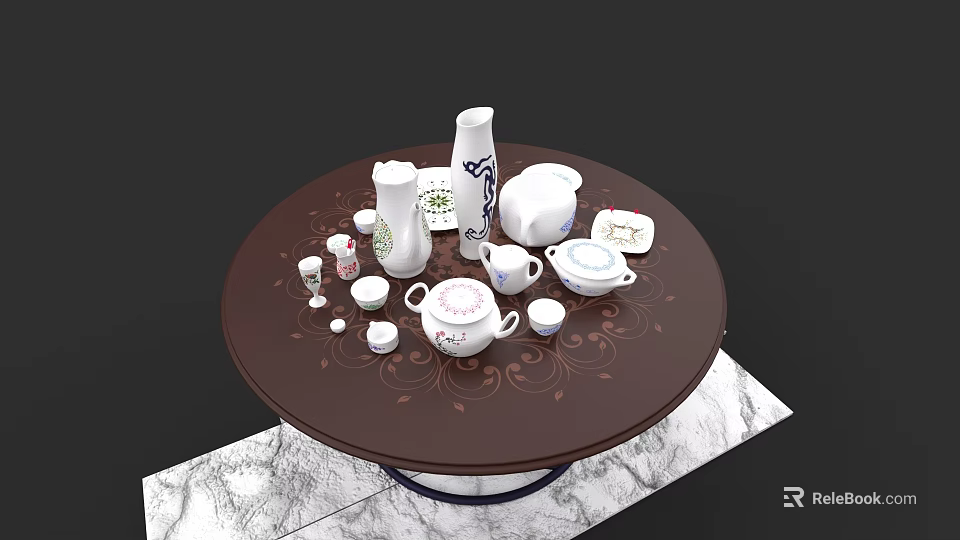 White Ceramic Tableware Set With Teapot Teacups Vase On Round Brown Marble Tabletop 3d model