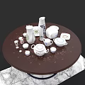 White Ceramic Tableware Set With Teapot Teacups Vase On Round Brown Marble Tabletop 3d model