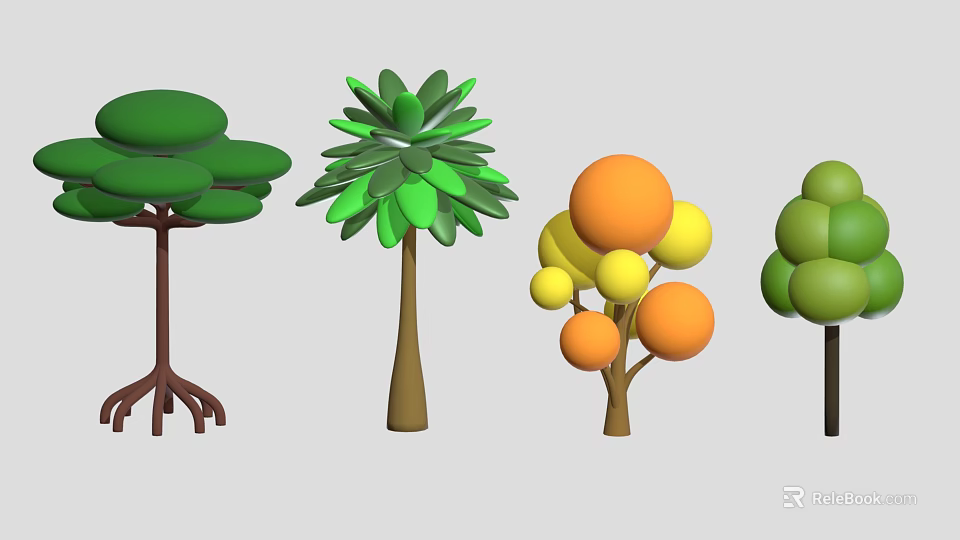 Colorful Decorative Trees With Green Leaves Orange Fruits And Varied Trunk Shapes 3d model 