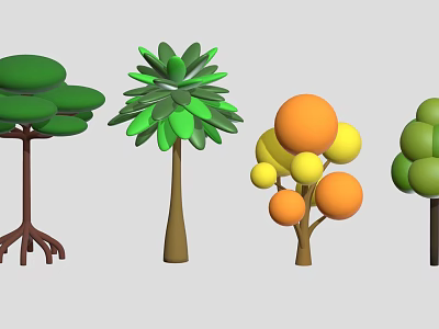 Colorful Decorative Trees With Green Leaves Orange Fruits And Varied Trunk Shapes 3d model