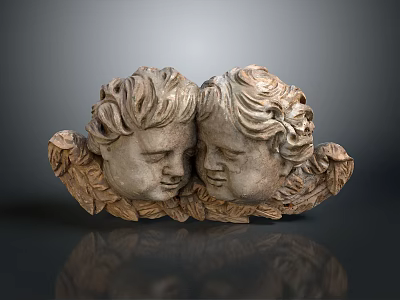 Exquisite Stone Carving Sculpture of Two Child Heads With Curly Hair Gentle Expressions and Leaf Decorated Base 3d model