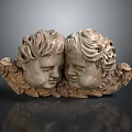 Exquisite Stone Carving Sculpture of Two Child Heads With Curly Hair Gentle Expressions and Leaf Decorated Base