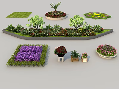 Different Shaped Shrub Landscaping with Flower Beds and Potted Plants in Garden Design 3d model