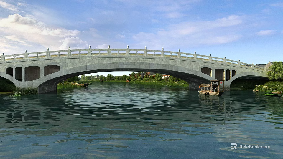 Traditional Stone Arch Bridge Spanning Calm River With Railing Under Blue Sky And Clouds 3d model