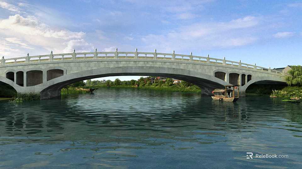 Traditional Stone Arch Bridge Spanning Calm River With Railing Under Blue Sky And Clouds 3d model 