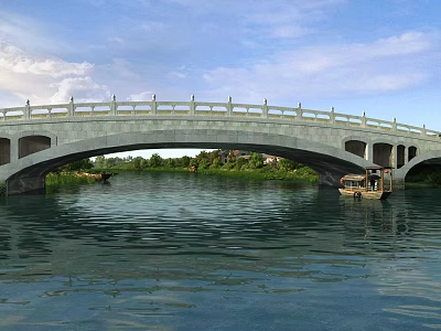 Traditional Stone Arch Bridge Spanning Calm River With Railing Under Blue Sky And Clouds 3d model