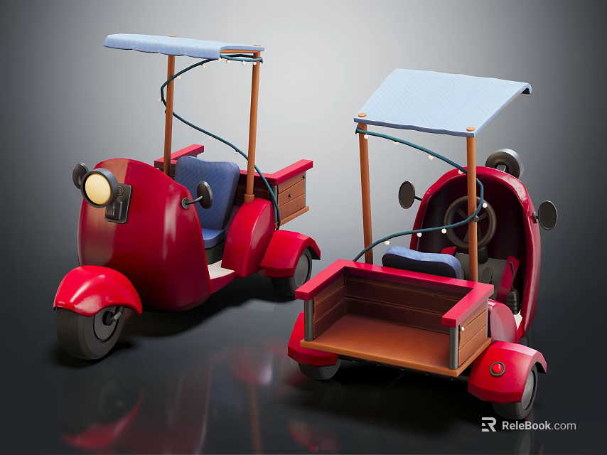 Vintage Red Tricycles With Canopies Blue Seats And Wooden Cargo Boxes 3d model 
