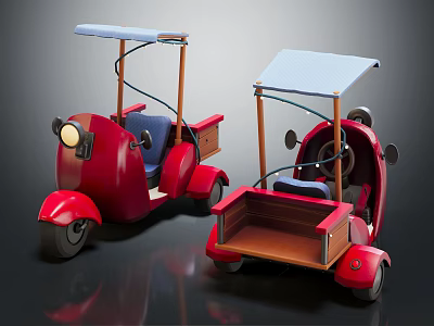Vintage Red Tricycles With Canopies Blue Seats And Wooden Cargo Boxes 3d model