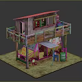 Rustic Shabby Cafe Building With Wooden Balcony Yellow Vintage Van Barrel And Small Table