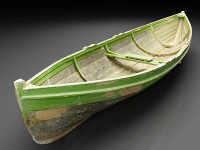 Vintage Green Wooden Boat With Weathered Exterior And Interior Seats 3d model