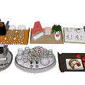 Stylish Household Items On Trays With Wine Glasses Fruits Bread And Decorative Plants