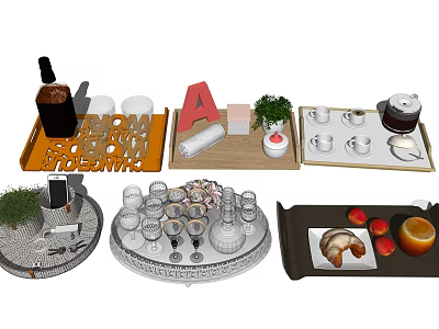 Stylish Household Items On Trays With Wine Glasses Fruits Bread And Decorative Plants 3d model